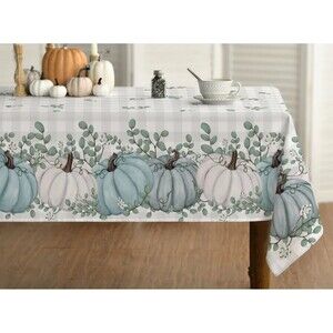 Harvest Blue White Pumpkins Fabric Tablecloth 60 x 84-in Fall Thanksgiving Gift